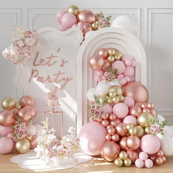 Rose Gold Balloon Arch Kit, 163pcs Metallic Rose Gold Balloon Garland Kit Include Pink White and Gold Balloons Wedding Birthday Bridal Baby Shower Party Mothers Day Bachelorette Decorations