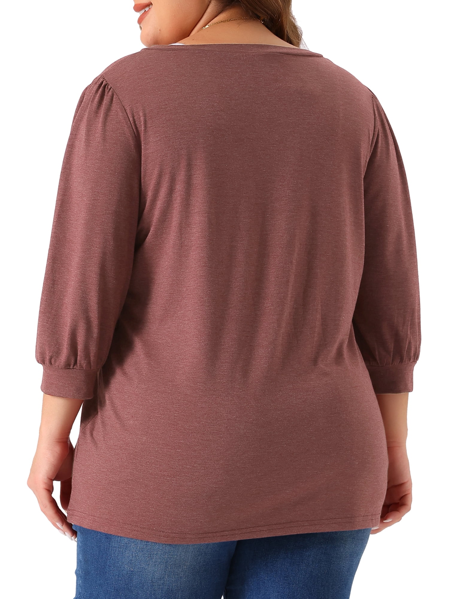 Women's Plus Top 3/4 Sleeve V Neck Button Decor Casual Solid Tees Shirts 1X Burgundy