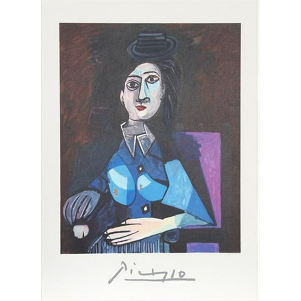 Pablo Picasso 2100 Femme au Petit chapeau Rond- Assise Dora Maar 4-A- Lithographie sur Papier 29 Po x 22 Po - Bleu- Pourpre- Blanc
