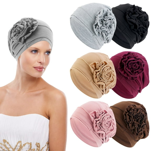 VEGCOO 6 Pcs  Stretchy Turban Headwear for Women – Soft Flower Chemo Caps, Breathable & Comfortable Head Wraps in 6 Colors