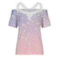 thumbnail image 4 of Wycnly Cute Tops for Women Short Sleeve V-Neck Moon Star Print T shirts Summer Sexy Lace Trim Cold Shoulder Strap Tunic Blouse Purple S Clothes, 4 of 5