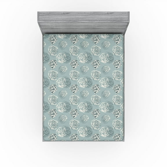 Ambesonne Floral Fitted Sheet, Sketch of Roses Petals Retro, California King, Cadet Blue Eggshell