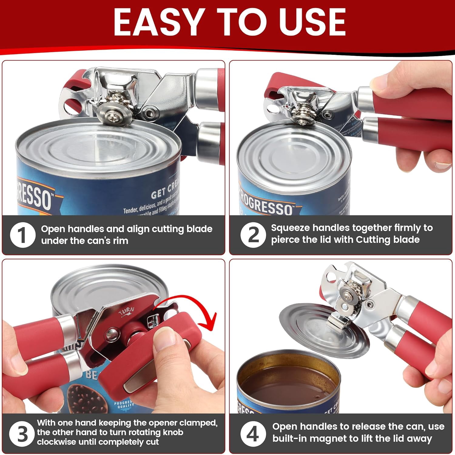 FRKSMD-Manual Can Opener Smooth Edge with Magnet, Stainless Steel Handheld Strong Can Bottle Opener, Extra Shape Cutting Blade&Large Turn Knob, Multifunctional 4 In 1 Kitchen Tool for Seniors, Red