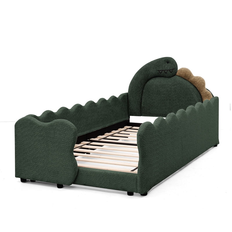 Twin Size Upholstered Platform Bed with Dinosaur Shaped Headboard, Boucle Fabric Kids Bed with Slats Support, Space-Saving Daybed for Girl, Boy, Teenager
