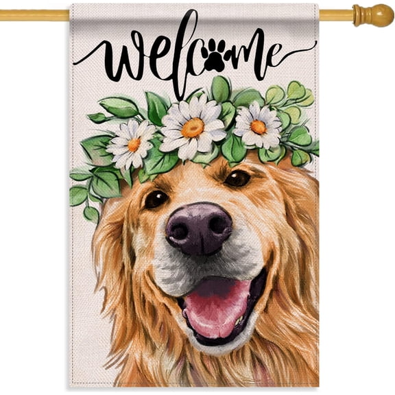 Welcome Spring Dog Golden Retriever Decorative House Flag, Puppy Garden Yard Outside Decorations, Summer Farmhouse Outdoor Large Home Decor Double Sided 28 x 40