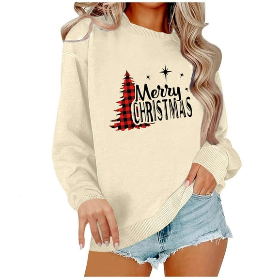 Womens Christmas Sweatshirts Fleece Lined Warm Pullover Casual Long Sleeve Sweatshirt for Women Loose Casual Stylish Clothes Going Out Tops 01-Beige L