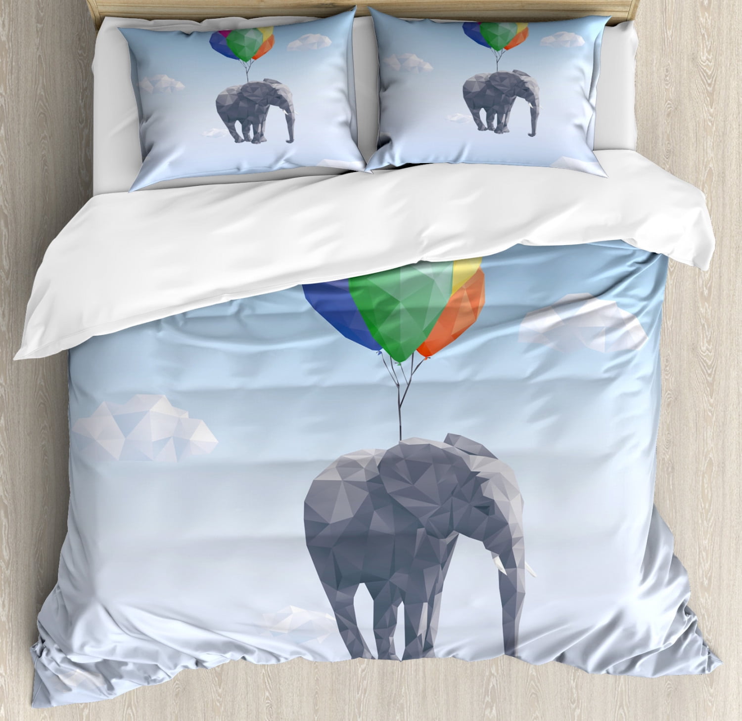 Animal Duvet Cover Set King Size, Elephant Attached to Colorful Baloons