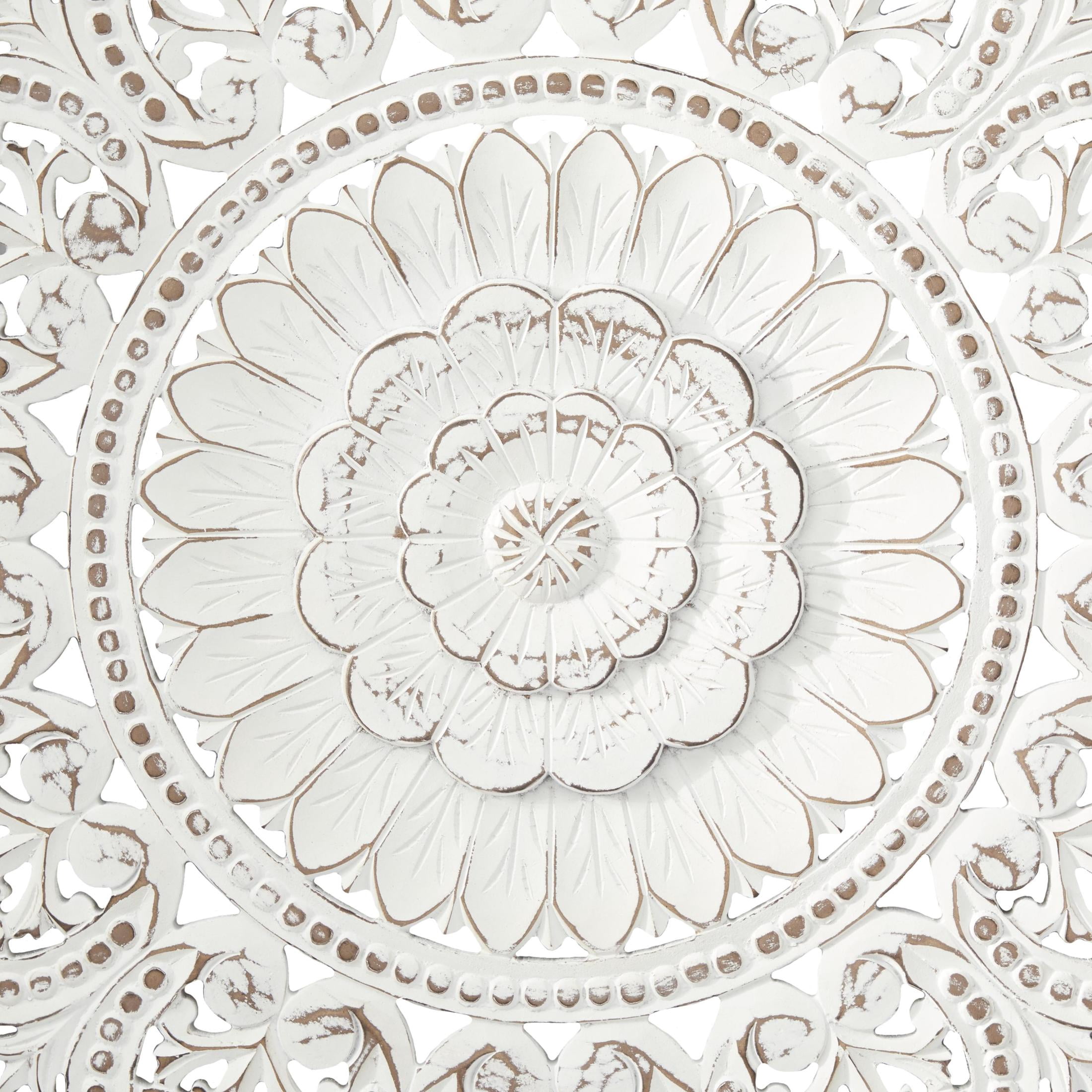 DecMode White Wooden Handmade Intricately Carved Floral Wall Decor with Mandala Design
