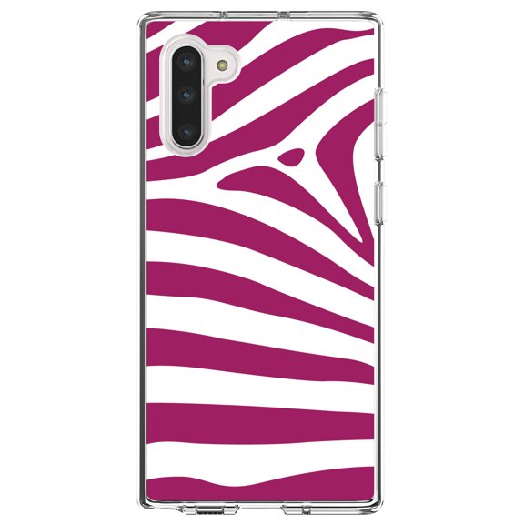DistinctInk Clear Shockproof Hybrid Case for Samsung Galaxy Note 10 (6.3" Screen) - TPU Bumper, Acrylic Back, Tempered Glass Screen Protector - Fuchsia & White Zebra Skin Stripes