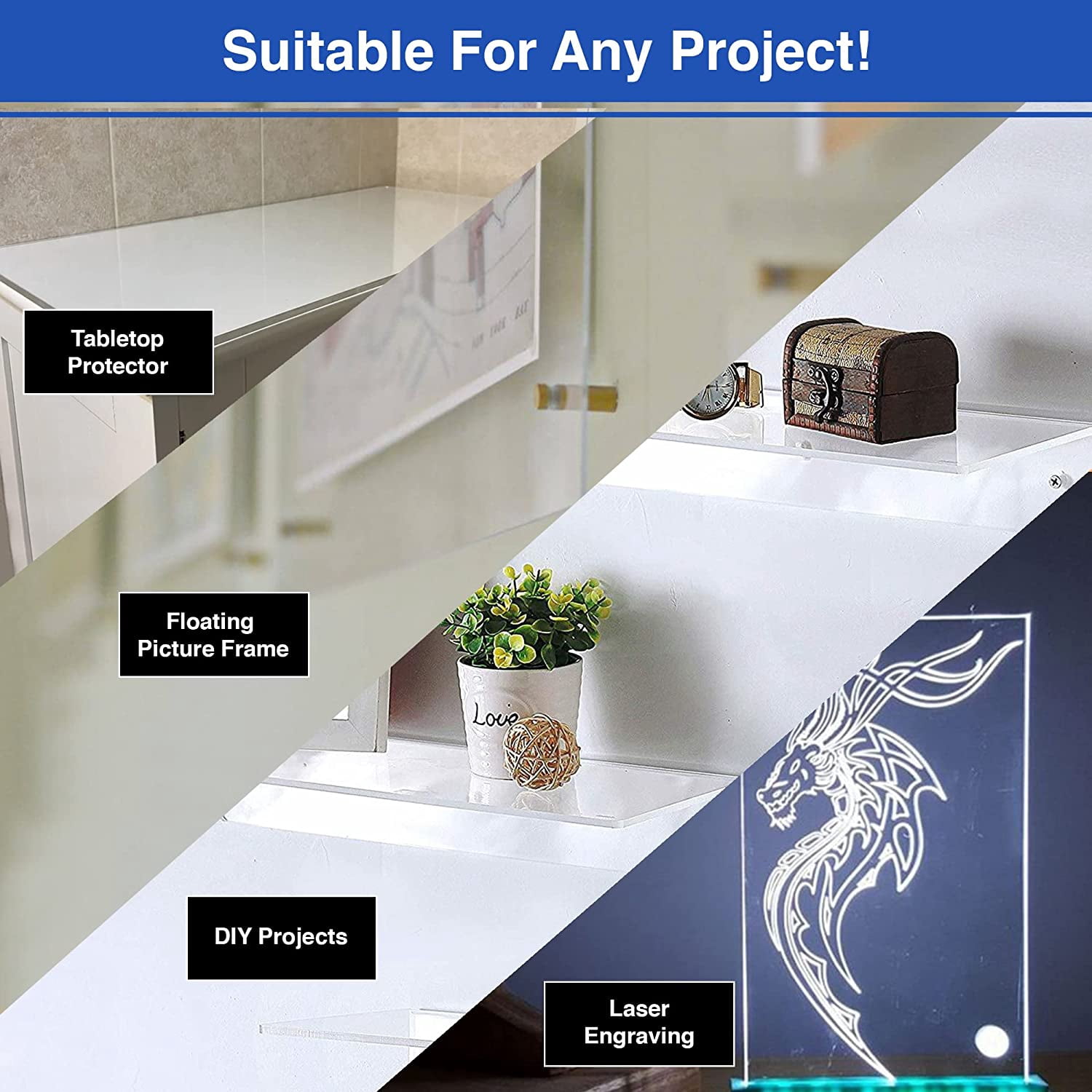 USA Sealing Clear Cast Acrylic Plexiglass Sheet - 1/8" Thick, 24" X 24", Transparent Panel For DIY Projects And Crafts