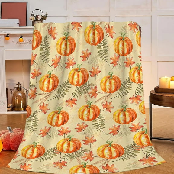 HomeKingdee Autumn Season Pumpkin Throw Blanket Fall Leaf Maple Wheat Harvest Fall Decor Beige Blanket Cozy Soft Lightweight Flannel Plush Blankets