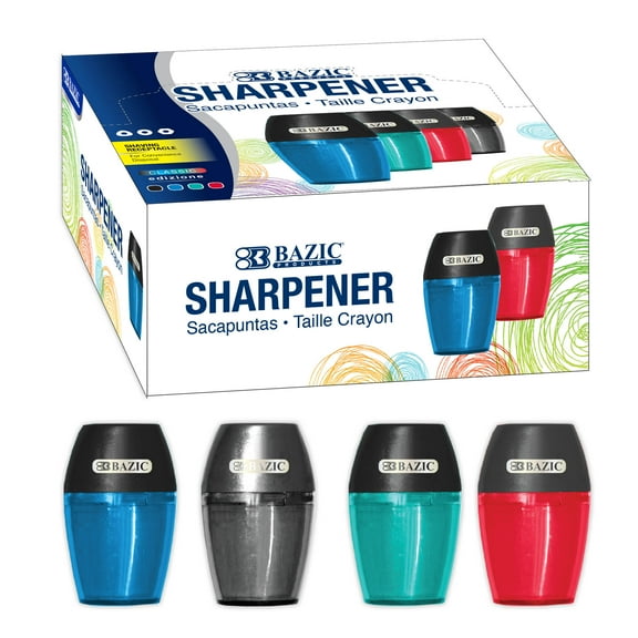 BAZIC Pencil Sharpener Single Hole Blade w/ Receptacle, Assorted Color Bulk Sharpeners, Total 24 Count