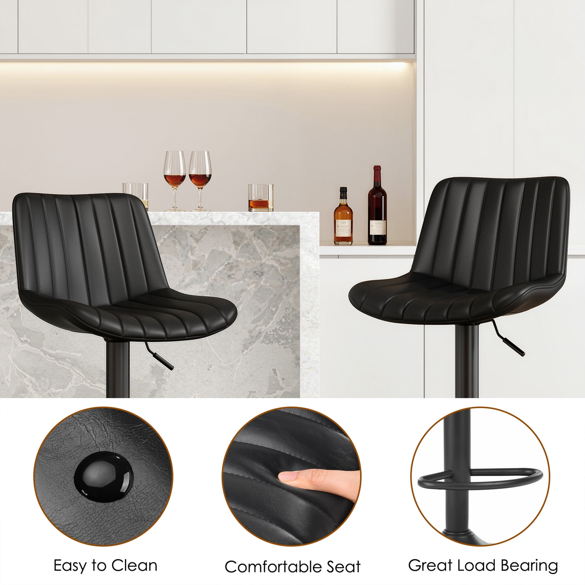 MAYEERTY Black Swivel Adjustable Bar Stools Set of 2, Industrial PU Leather with Back Support for Kitchen Island