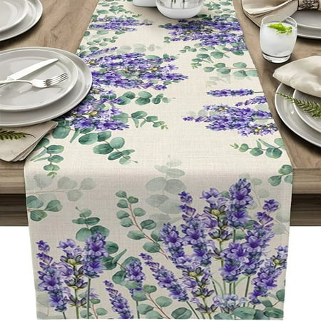 

Lavender Purple Eucalyptus Leaves Linen Table Runners - Elegant Party Decor Stylish Kitchen and Dining Table Runners Beautiful Wedding Decorations with Flowers