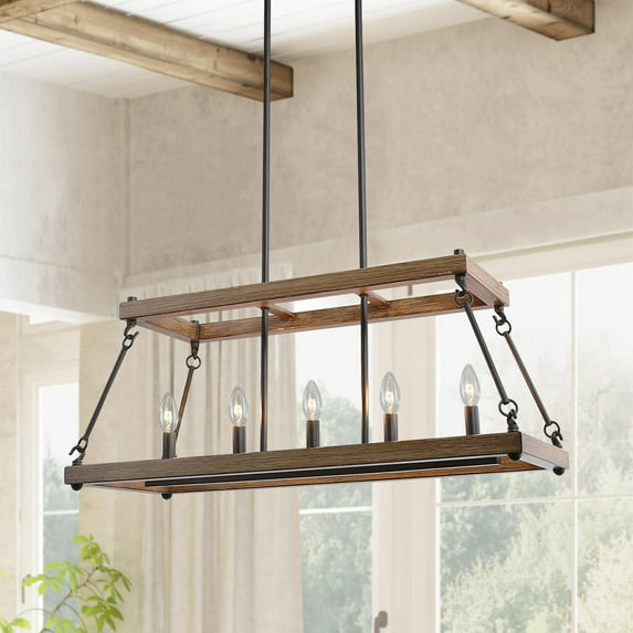 LNC Farmhouse 5-Light Black Rectangle Chandelier,LED Linear Wood Kitchen Island Light