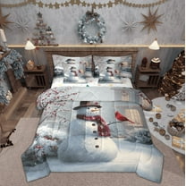 Feelyou Winter Cute Snowman Bedding Comforter Set 7pcs for Teen, Christmas Red Bird Queen Bedding Sets, Western Festival Reversible Queen Sheet Sets, Super Cozy Room Decor