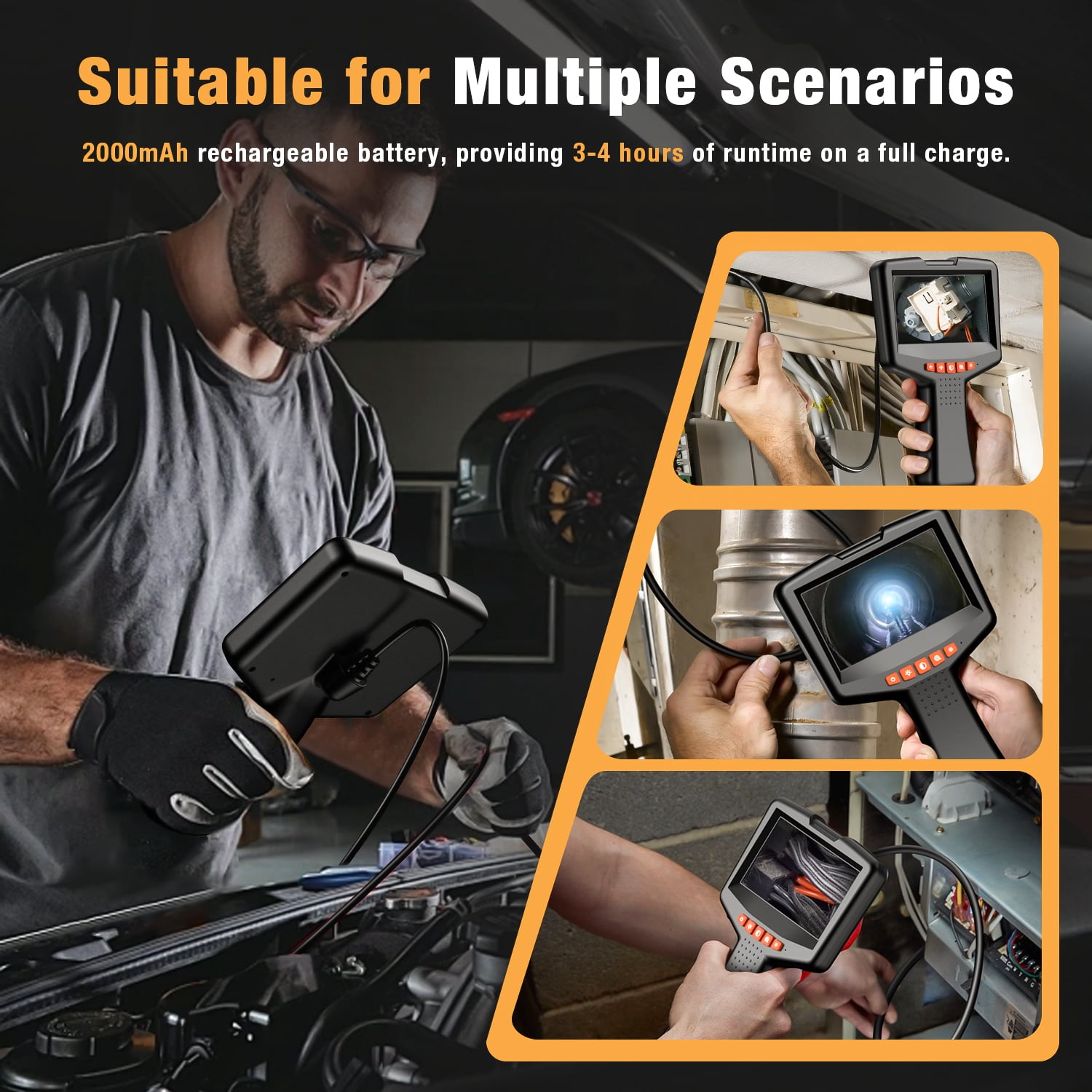 Askmuse 1080P Endoscope Camera with Light, 4.3in LCD Inspection Scope with 16.4ft Waterproof Semi-Rigid Cable, 3X Zoom LED Borescope Camera for Pipe Drain Sewer Automotive Tool Use