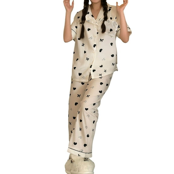 FUNDUFI Pajama Sets For Women Short Sleeve Love Heart Prints Pajama Tops With Sleepwear Long Pants Oversized 2Pcs Pjs Outfit Set Soft Lightweight Lounge Sets Comfy Homewear
