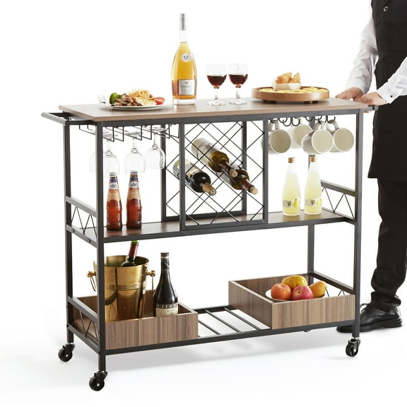 KFFKFF with Wine Grid Glass Holder 300lbs 3-Tier Bar Serving Cart Rolling Trolley