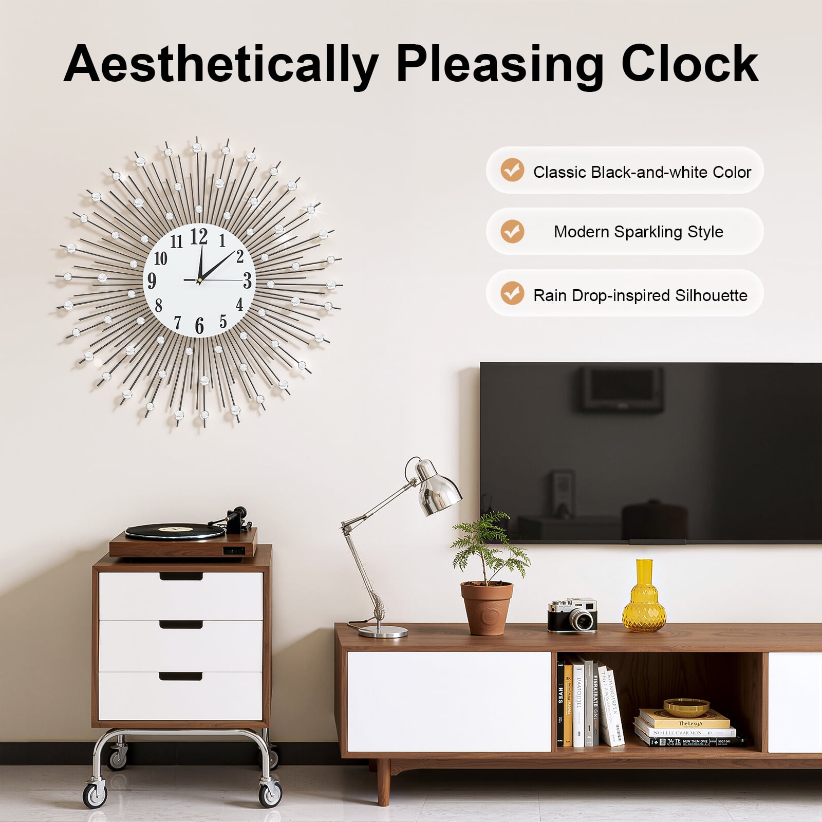 Modern Starburst Metal Large Wall Clock, Quiet Crystal Decorative Wall Clock, Art Deco Silent Clock for Living Room Bedroom Kitchen Home Decor