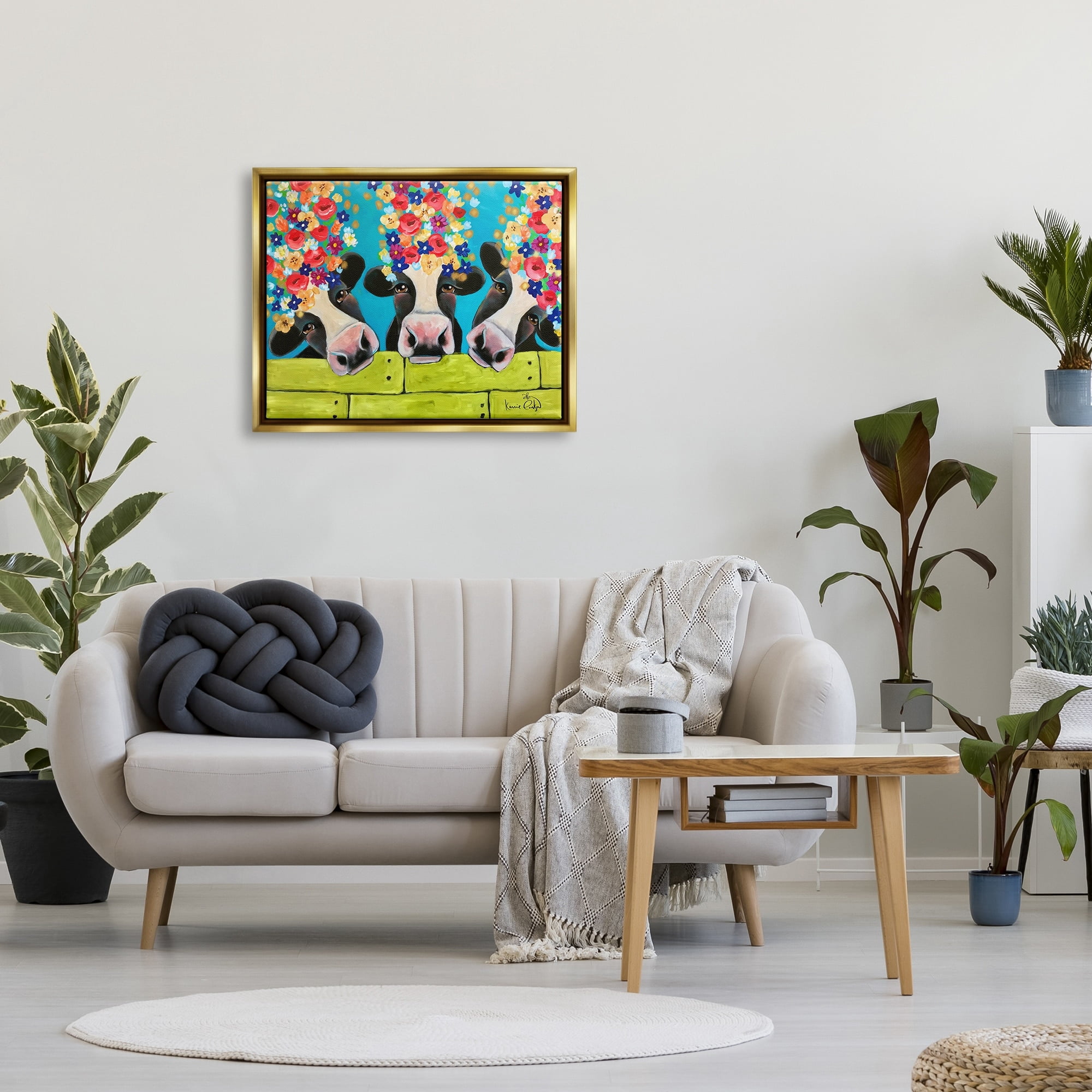 Stupell Industries Farm Cattle Cows Bright Flower Petals Green Planks Painting Metallic Gold Floating Framed Canvas Print Wall Art, Design by Karrie Evenson