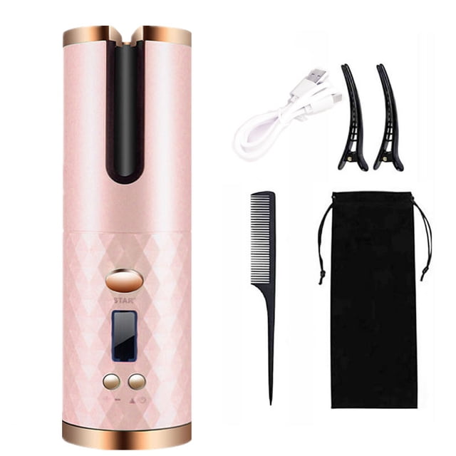 CH Automatic Curling Iron,Pink,Cordless Auto Hair Curler, Ceramic Rotating Hair Curler , Portable Rechargeable Curling Wand, Auto Shut-Off
