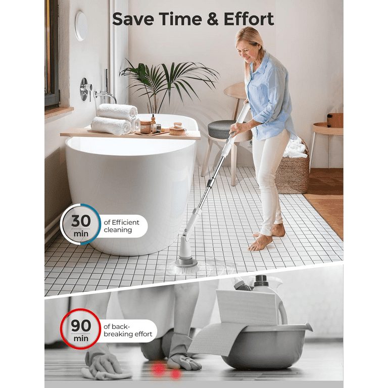 Cordless Electric Spin Scrubber - 9 Brush Heads With Extension Handle For Shower Tile & Car Cleaning