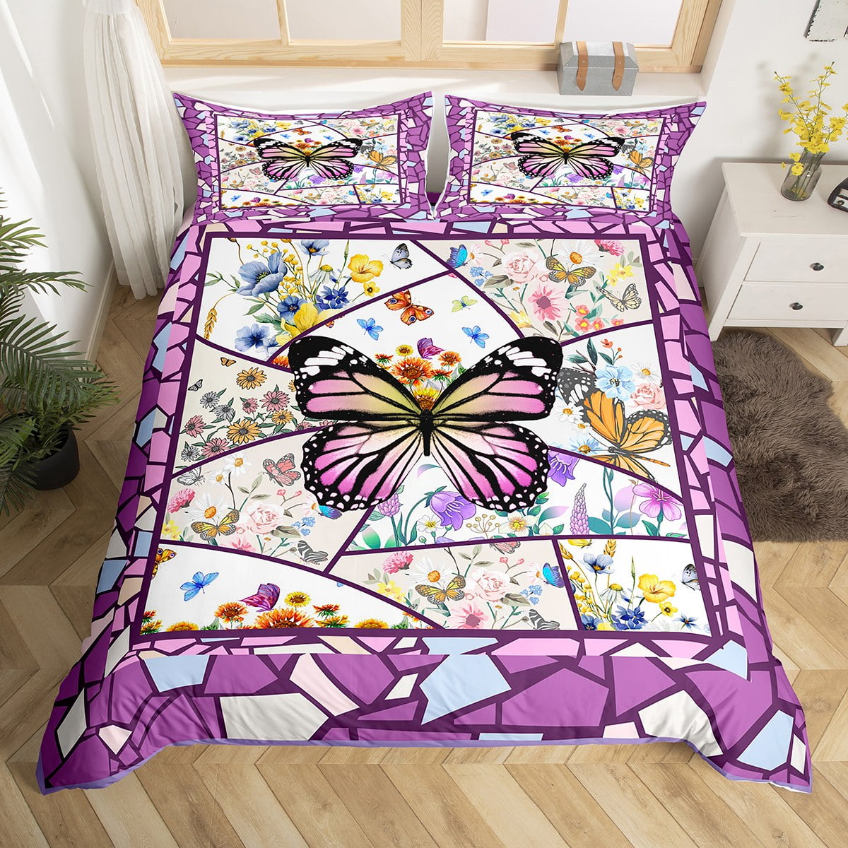 Purple Butterfly Duvet Cover Dreamy Flying Butterflies Bedding Set for Kids Girls,Bohemian