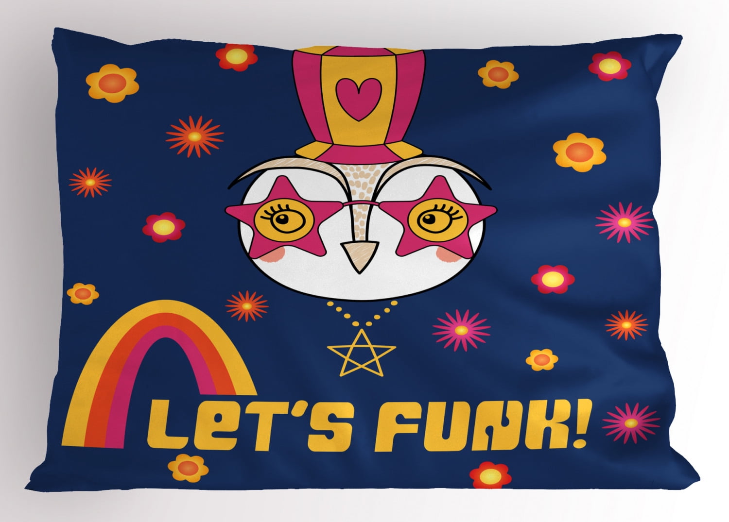 Funny Words Pillow Sham Cartoon Owl in a Funky Hat Star Shaped Glasses