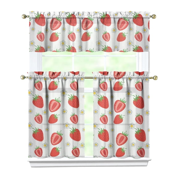 Red Berry Kitchen Curtains Set of 3 - Strawberry Lover Farmhouse Tier Curtains with Valance