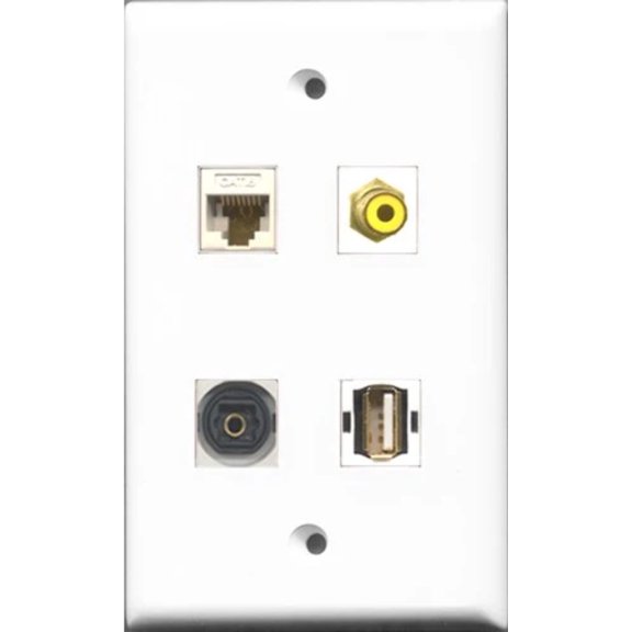 RiteAV 1 Port RCA Yellow and 1 Port USB A-A and 1 Port Toslink and 1 Port Cat6 Ethernet White Wall Plate