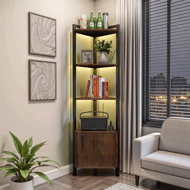 Garselay Estante Esquinero con Puertas y Luz LED, Librero de 5 Niveles con Estantes, Organizador de Estantes de 1.6m de Alto, Ideal para Esquinero para Sala, Dormitorio, Oficina y Cocina - Marr&oa