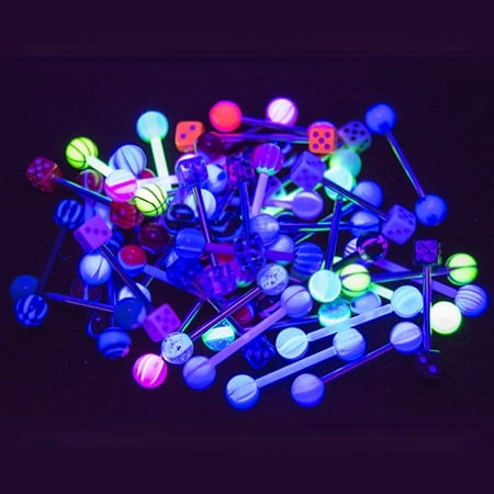 316l Tongue Barbell - 50pk Tongue Nipple Piercing Barbells - 14G UV Glow - 316L Steel and Bioflex