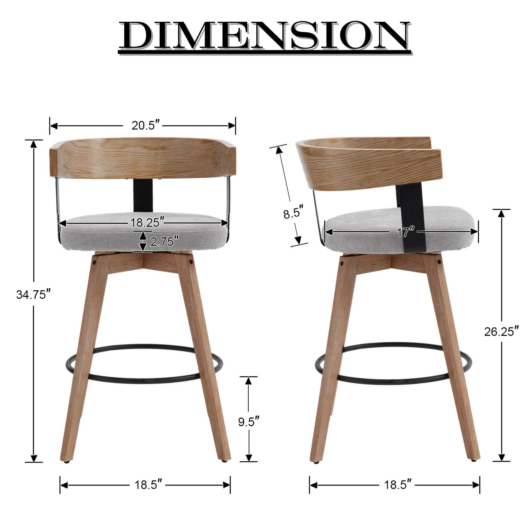 Dayalane Mid Century Modern Bar Stools Set of 1, 26" Swivel Counter Stools with Barrel Back, Linen Upholstered Barstools with Wood Legs for Kitchen Island, Dining Room, Home Bar, Grey