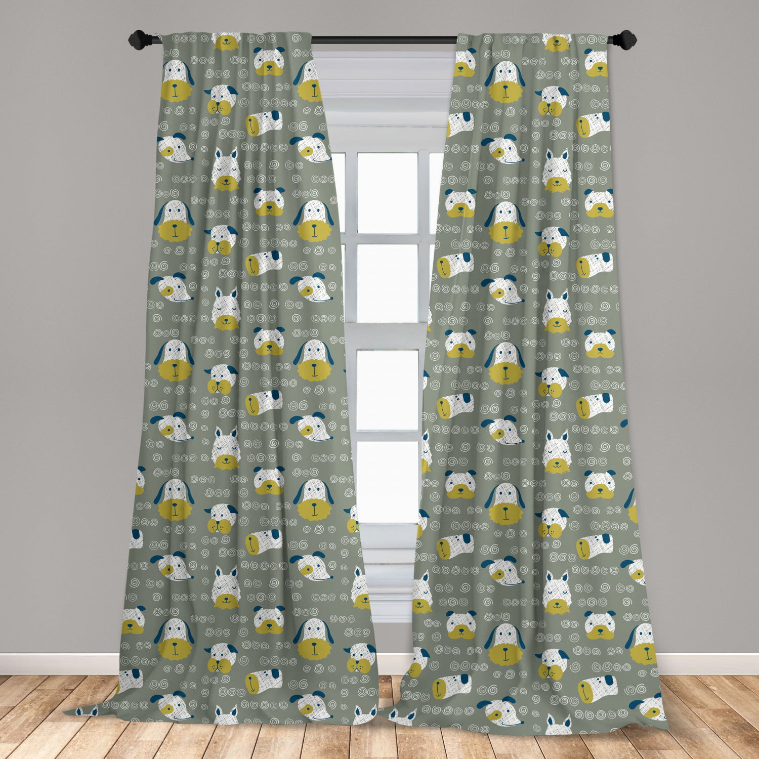 Yellow Curtains Geometric Green Figures Window Drapes 2 Panel Set 108x84 Inches 