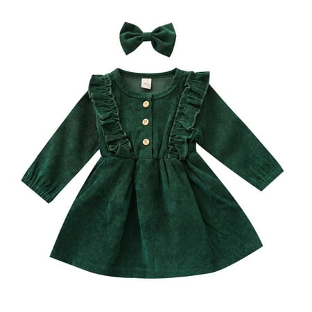 MEZZALL Kids Dresses Long Sleeve Corduroy Pinafore Dress And Headband For Baby Toddler Girls Ruffled Outfit With Snap Buttons Party Wear Trendy Christmas O-Neck Sundress