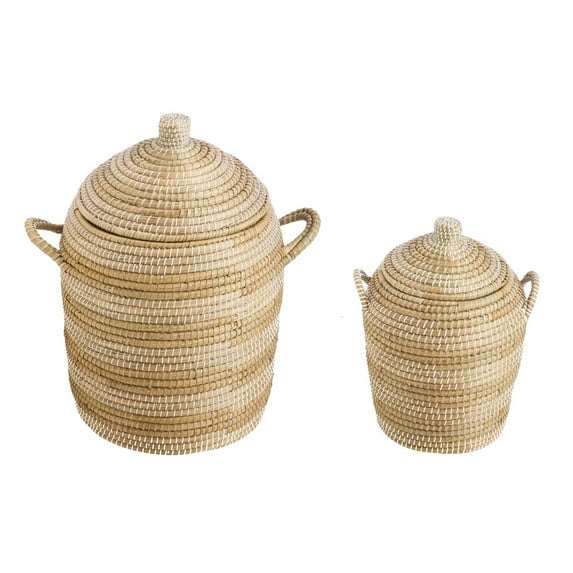 Cape Craftsmen Handwoven Kaisa Grass Taupe Artisan Baskets with Lid, Set of 2