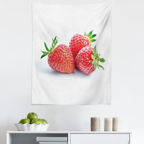 Strawberry Tapestry, Fruit Closeup Look Nature Food Yummy Sweets Picture on Plain Back, Fabric Wall Hanging Decor for Bedroom Living Room Dorm, 5 Sizes, Dark Pink and Lime Green, by Ambesonne
