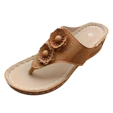 

Huanghuaa Ladies Summer Vintage Wedge Beach Slippers With Toe Platform Flower Decoration Plus Size Arch Sole Sandal Slippers Tan Sandals for Women