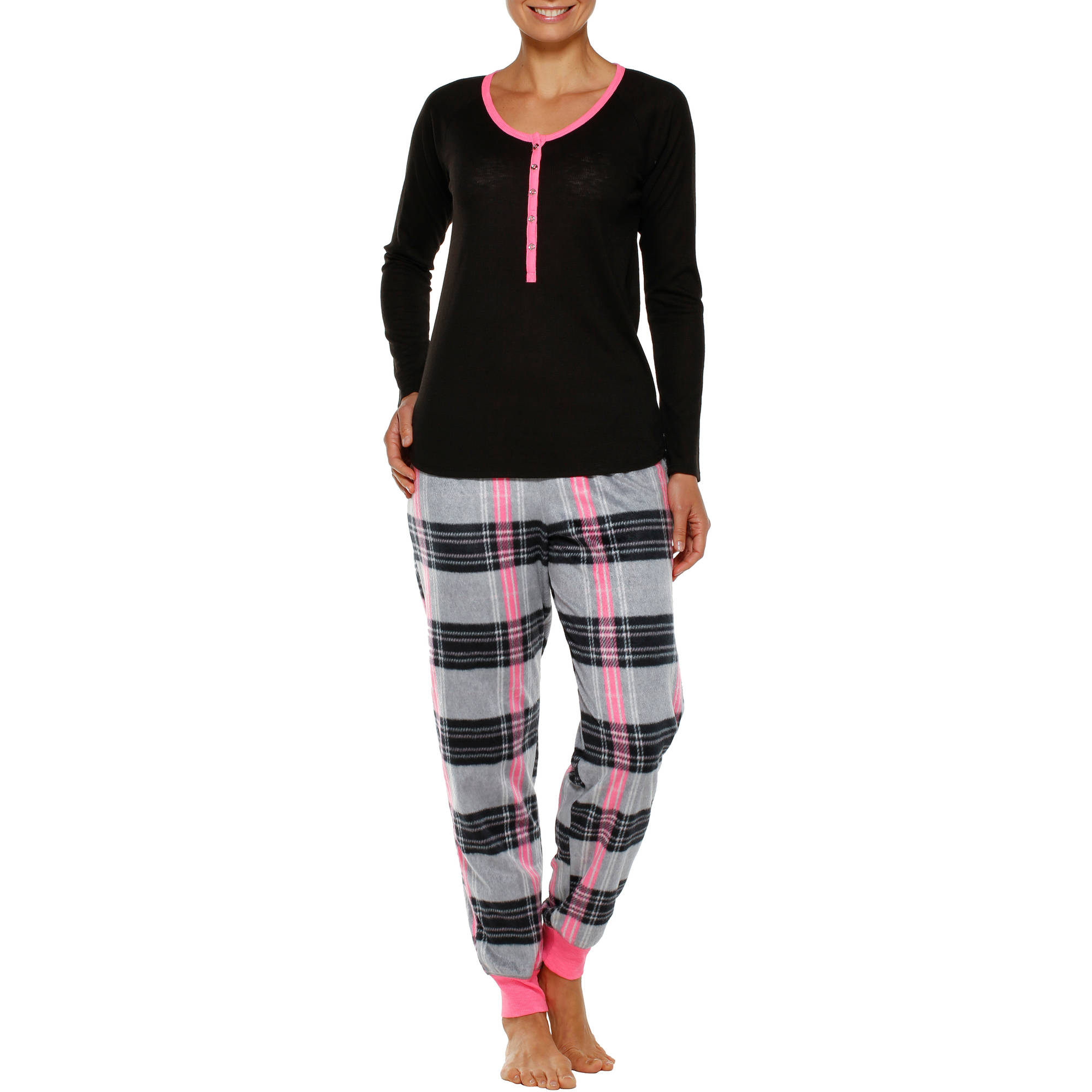  Women's Knit Henley Pajama Top &amp; Fleece Sleep Pant 2 Piece Set