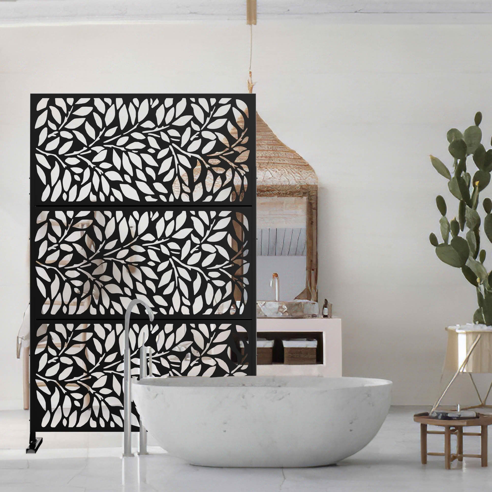 MAYEERTY 72x47x16 Inch Black Spring Leaf Galvanized Steel Privacy Screen for Outdoor Patio