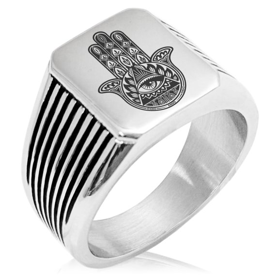 Stainless Steel All Seeing Eye Hamsa Hand of Fatima Needle Stripe Pattern Biker Style Polished Ring