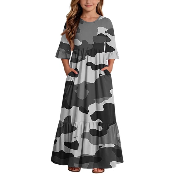 BLTIBY Boho Dresses for Girls Printed Crew Neck Maxi Dress Summer Home Dresses with Pockets Camouflage 4-5 Years
