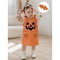 thumbnail image 6 of Loicainy Infant Baby Girl Halloween Outfit 3 6 12 18 Months Pumpkin Ruffle Long Sleeve Romper Overall Dress Headband 3 Piece Clothes Set, 6 of 9