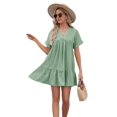 thumbnail image 3 of Women'S Short Sleeve V Neck Ruffle Hem Solid Swing Smock Dress Casual Loose Fit Mini Dress Summer Beach Wear Bean green S, 3 of 9