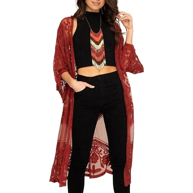 Txlixc Cardigan de playa casual para mujeres, 3 / 4 mangas bordadas transparentes Txlixc moda