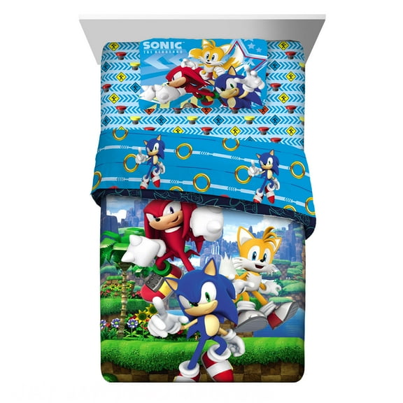 Sonic the Hedgehog Kids Twin Full Bed in a Bag, Gaming Bedding, Comforter and Sheets, Blue