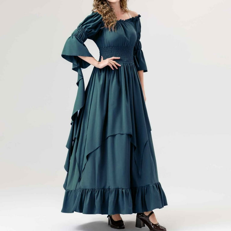 flowy victorian dress Renaissance Dress Women Solid Gothic Witch Flowy Maxi Dress Vintage High  Waist Ruffle Victorian Dress