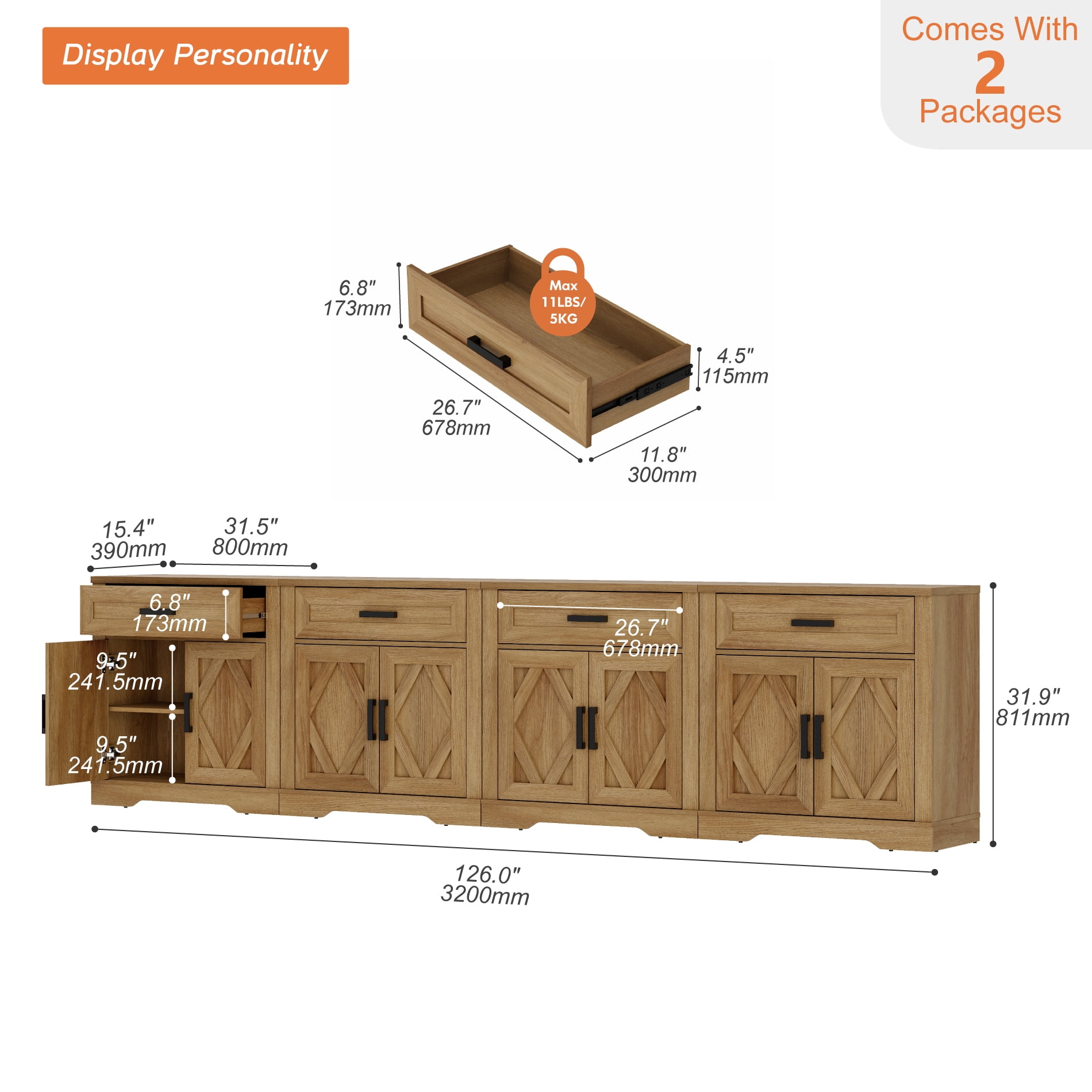 WAMPAT 126"W Large TV Stand,4-in-1 Farmhouse Entertainment Center with Storage Barn Door Cabinet,TV Console Table with Media Cabinet and Drawers for Living Room,Bedroom,Walnut
