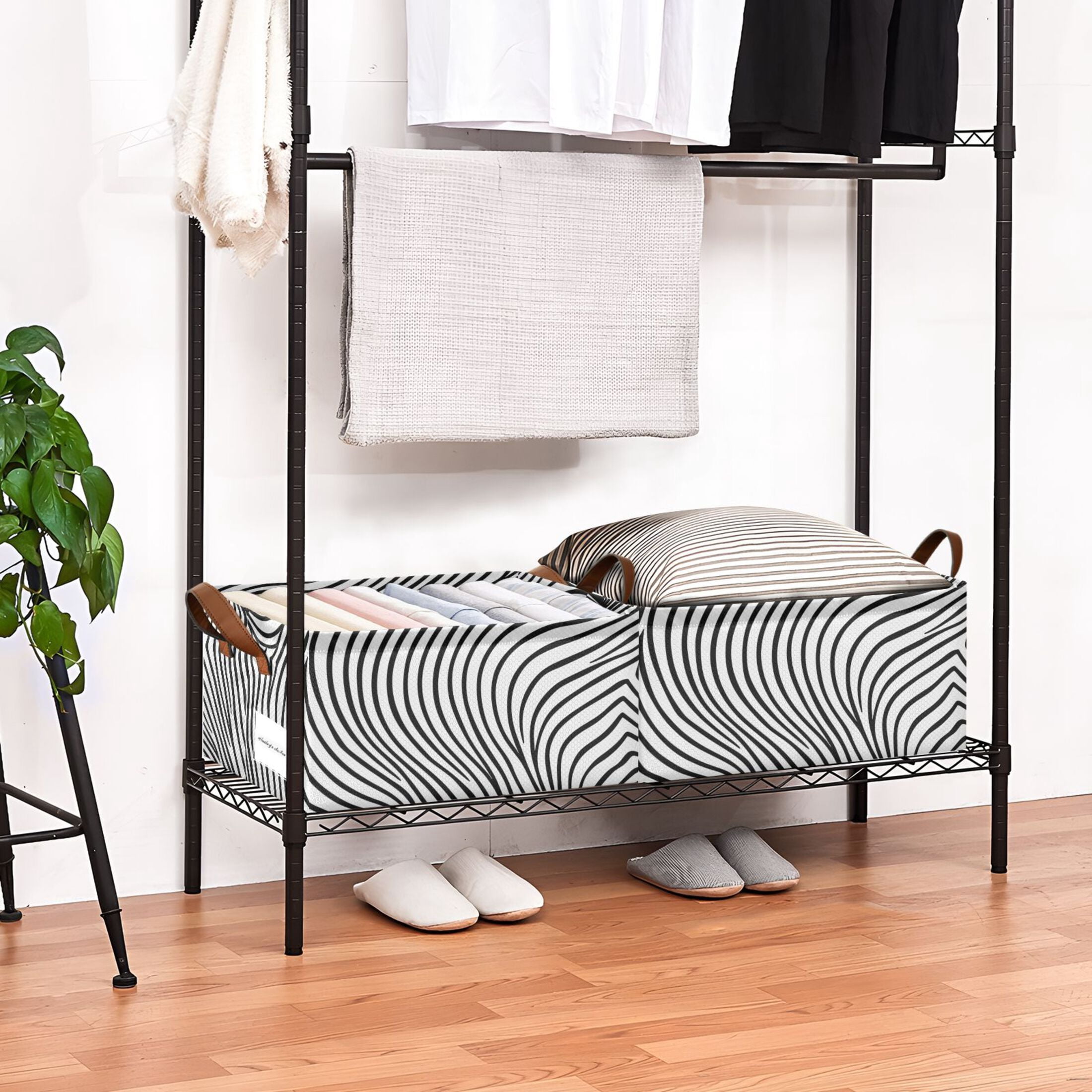 Line Black Storage Bins with Handles Foldable Storage Baskets for Shelves Organizer Cloth Baskets